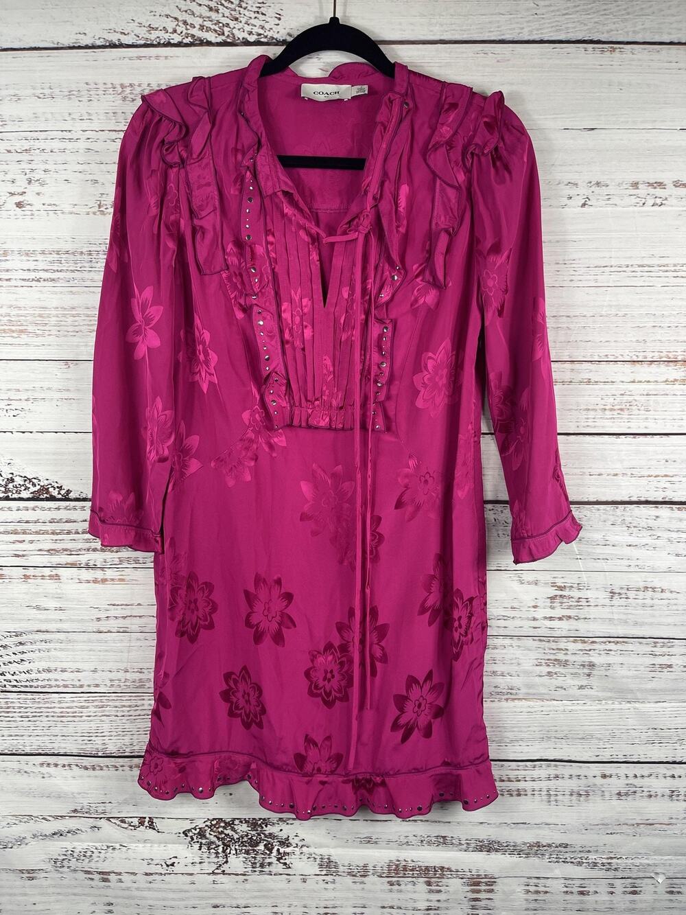 Coach 1941 Dress Women's Size 2 Pink Floral Ruffle Studded Boho Tunic Sheer Mini